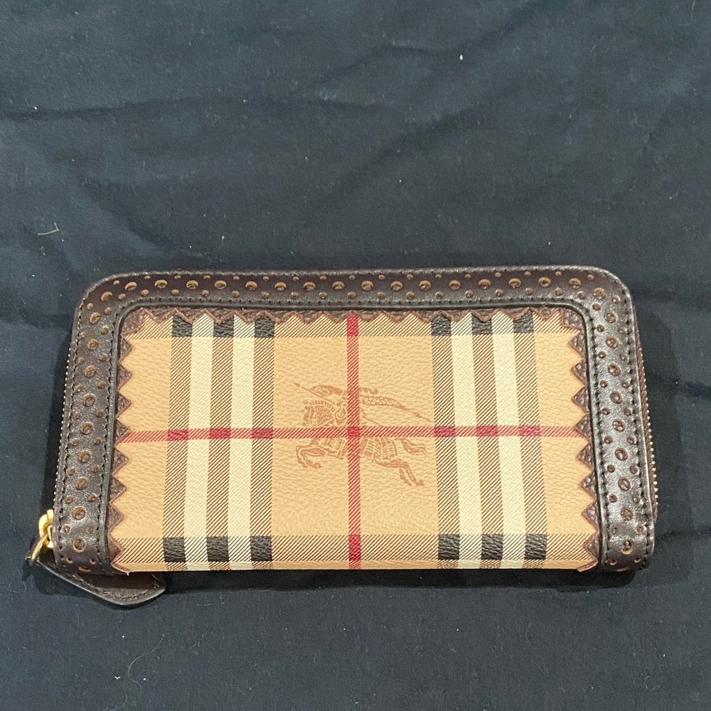 Burberry Beige and Brown Studded Plaid Zip Wallet